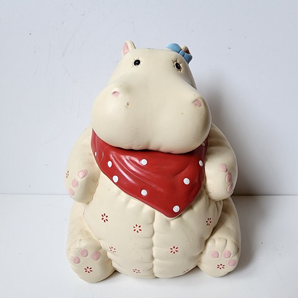 Vintage Cute Hippo Hippopotamus Ceramic Cookie Jar Red Bandana Blue Bow READ